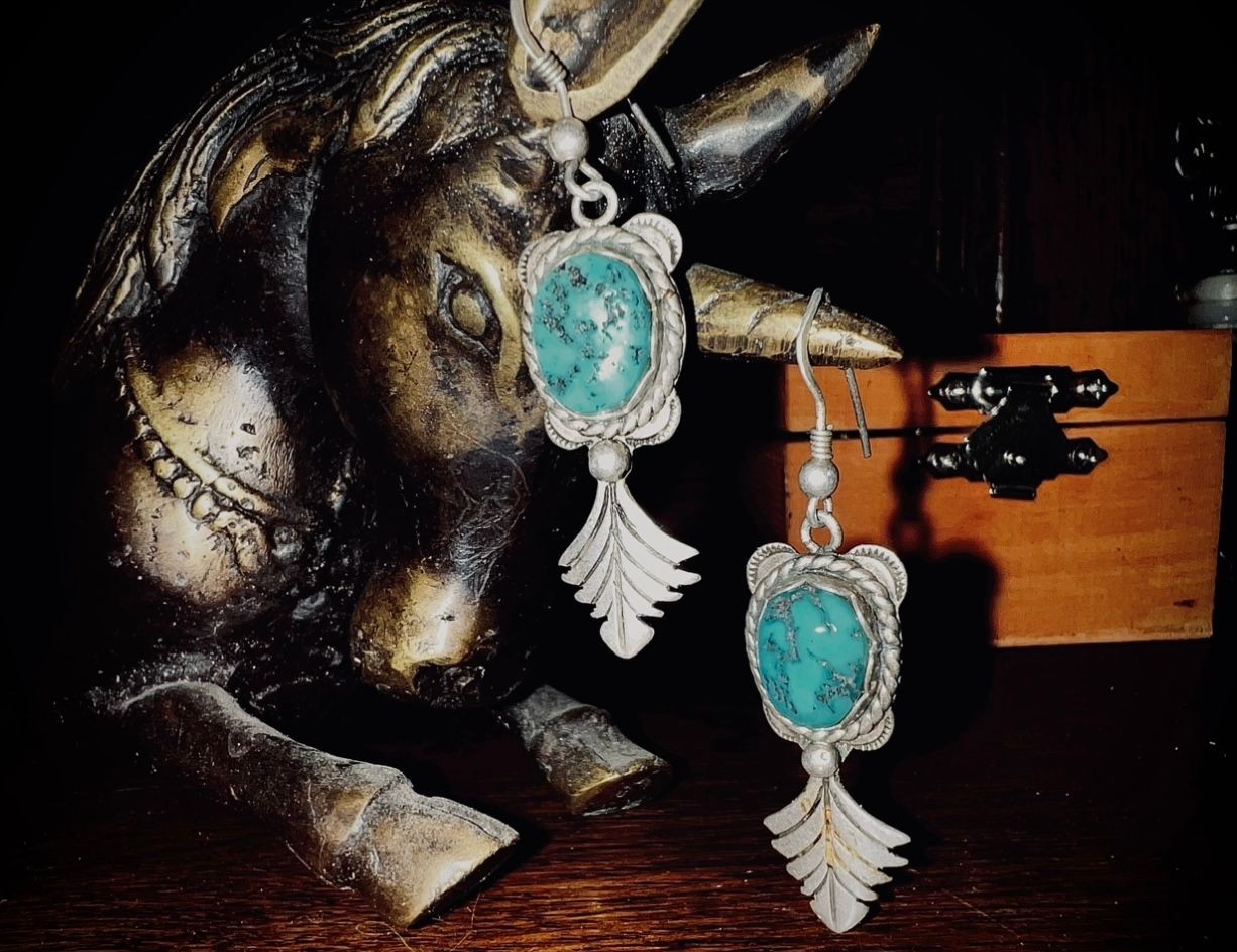 Vintage Signed Custom Handmade Sterling Silver Natural Mined Turquoise Earrings Made in the Early 1920s