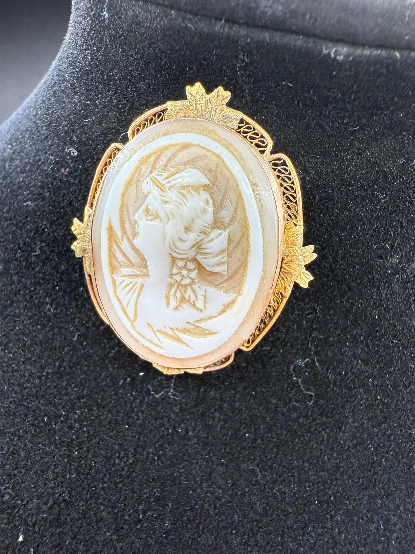 14k gold filigree cameo brooch, measuring approximately 2 inches by 1.5 inches, featuring a carved shell cameo. The cameo depicts a profile of a woman with intricate detailing in her hair and attire, characteristic of Victorian-era designs. The carving is set within a 14k yellow gold frame with an ornate, open-work filigree design, accented with carved leaves. The back of the brooch is stamped "14k". Shell cameos are often made from sardonyx or carnelian shells, which have different colored layers that allow for the creation of raised relief images when carved